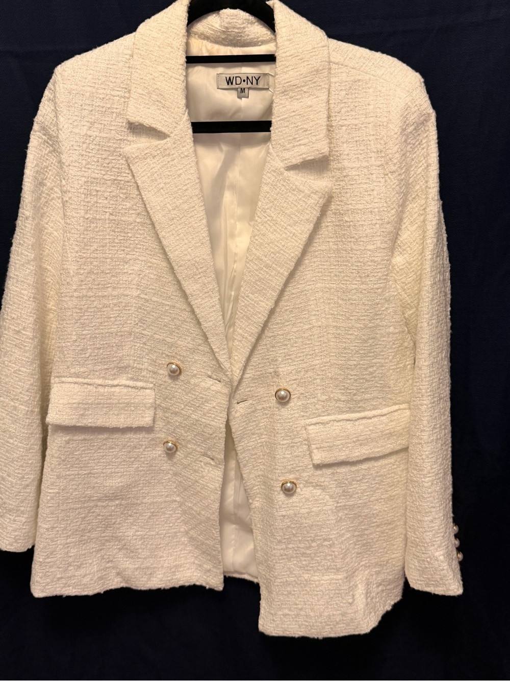 WD.NY Cream Bouclé Pearl-Button Double-Breasted Blazer